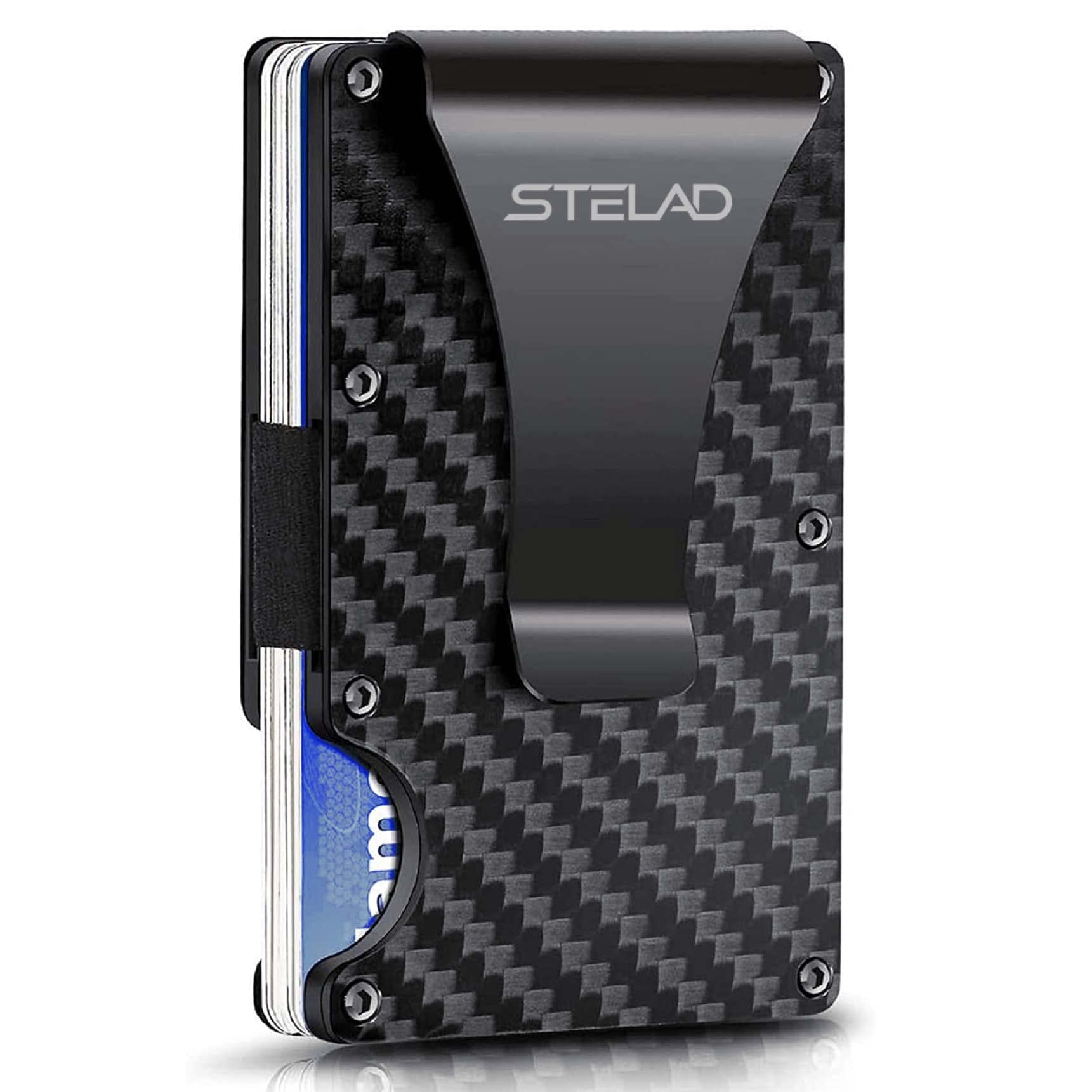 STELADCarbon Fiber Wallet for Men or Women Front Pocket RFID Blocking Minimalist Carbon Fiber Credit Card Holder, Rubber and Stainless-Steel Built, Slim Money Clip Carbon Fiber Ridge Wallet (Black)