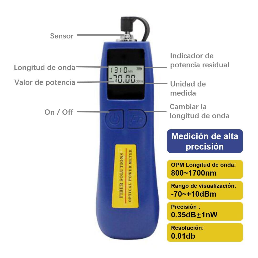 Medidor de Potencia Optica -70~+10 dBm, Optical Power Meter medidor fibra optica 6 Longitudes de Onda Calibradas, Alta Precisión y 68g de Peso Ligero