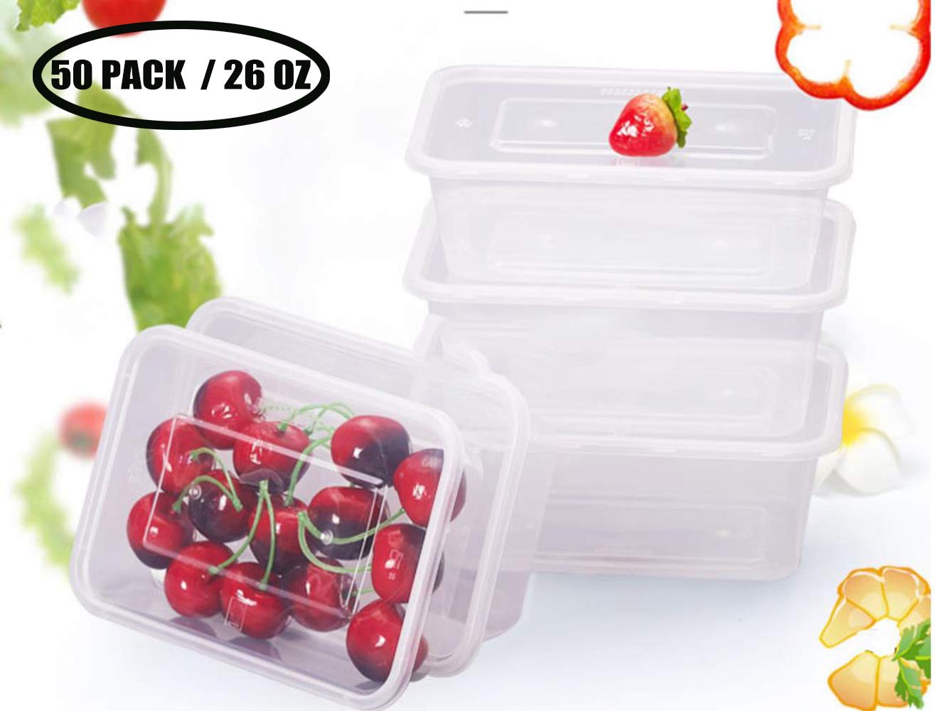 HOMEEMeal Prep Containers, 50 Pack- 26oz Plastic Storage Food Containers with Lids, Disposable Bento Box Reuse, Refrigerator Safe, Microwave, Dishwasher Safe (White)