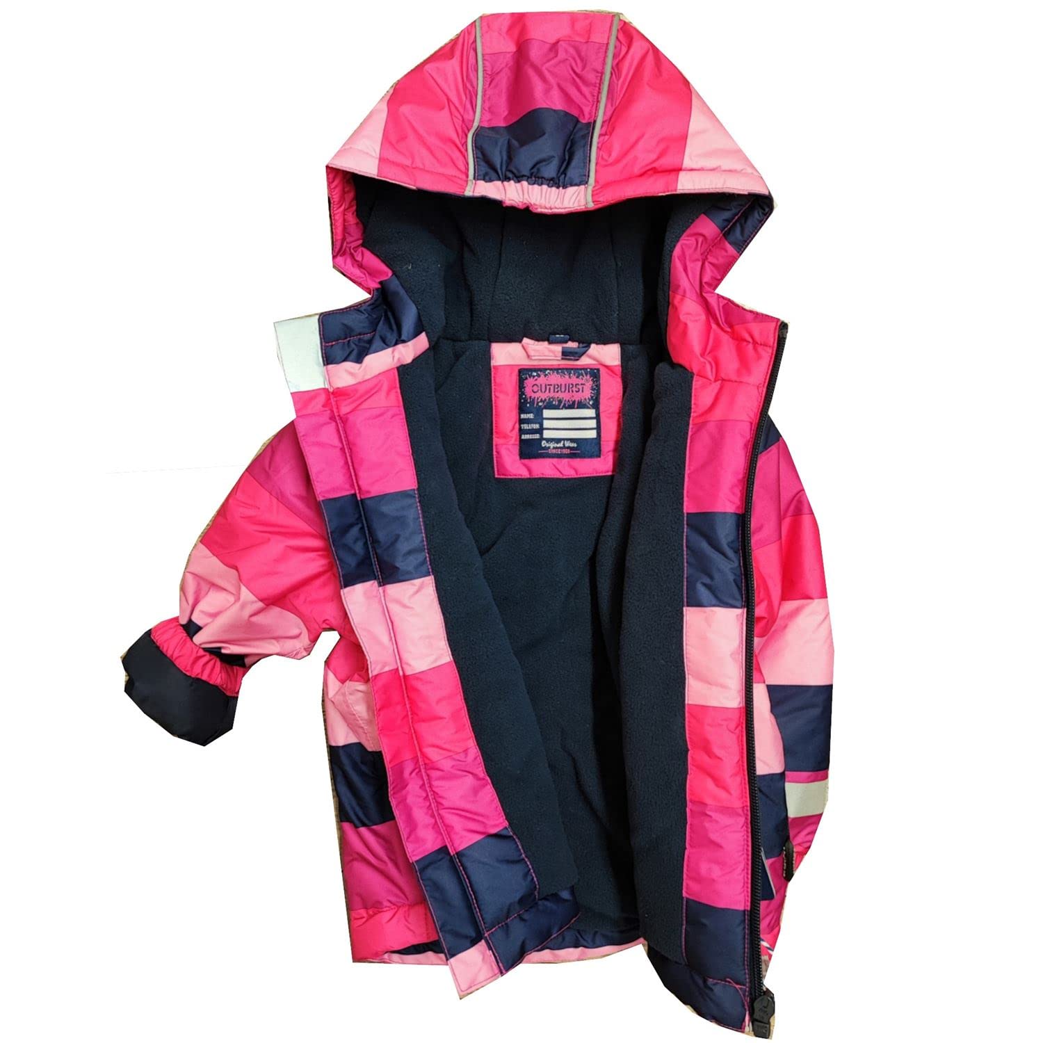 Outburst - Dziewczęca kurtka zimowa z podszewką w paski z kapturem, zamkiem błyskawicznym i kieszeniami w kolorze różowym – 68311, Rosa, 92 cm