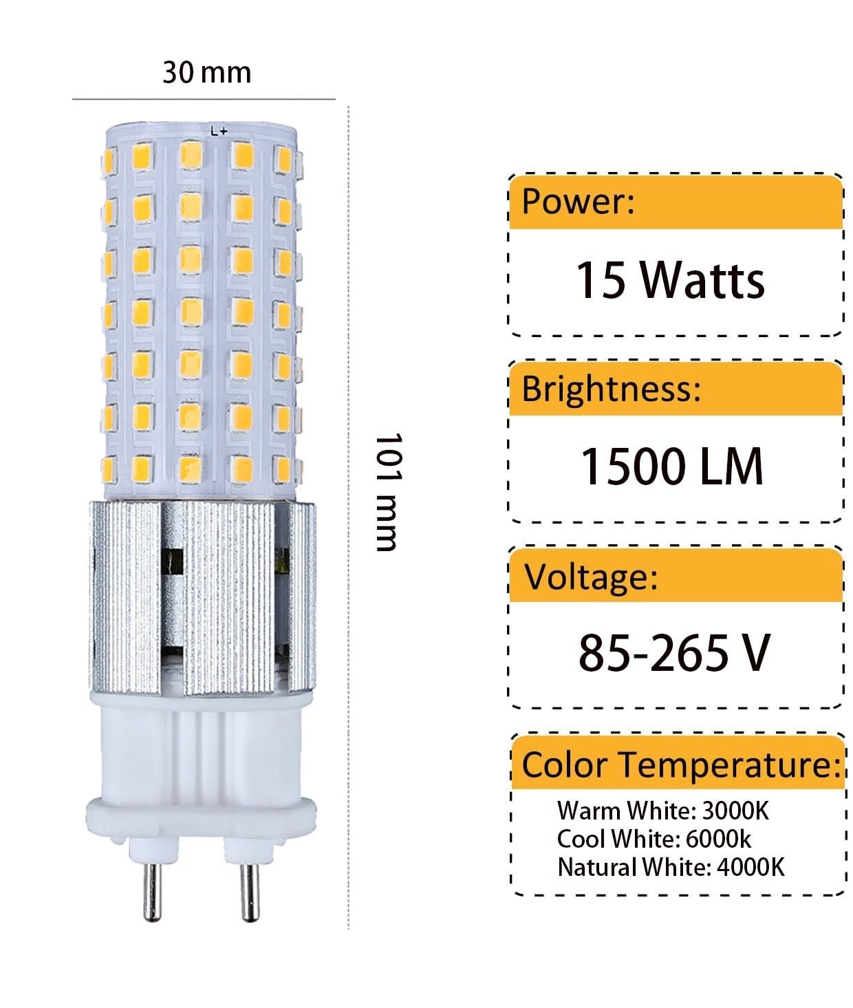 Żarówka LED G12 15 W, 85 V–265 V, 120, odpowiednik żarówki halogenowej, 1500 lm, nieściemnialna, opakowanie 2 szt(Cool White)