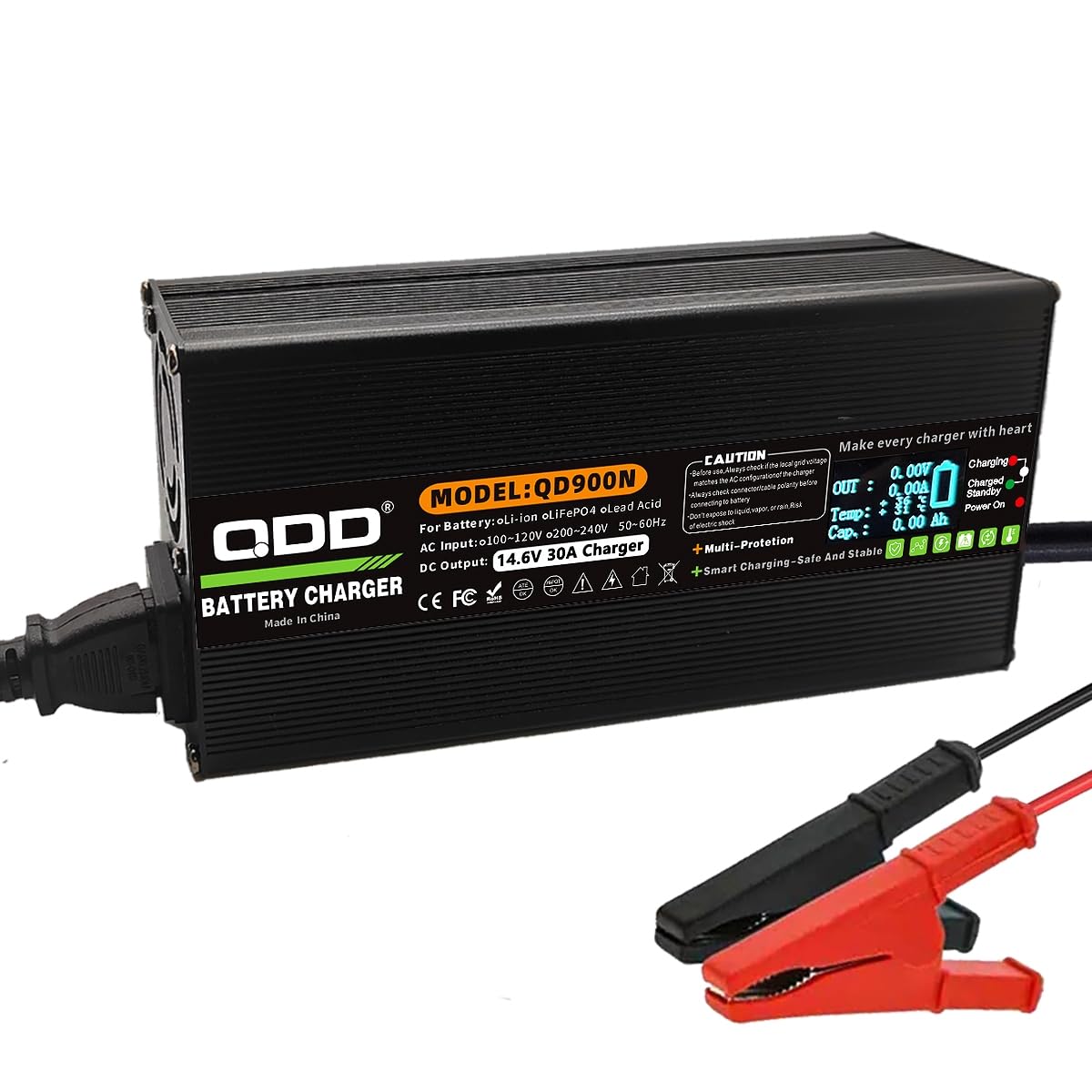 QDD Ładowarka 14,6 V 30 A LifePO4, ładowarka podtrzymująca i inteligentna ładowarka do baterii LiFePO4 12 V z przyłączem zaciskowym krokodylkowym