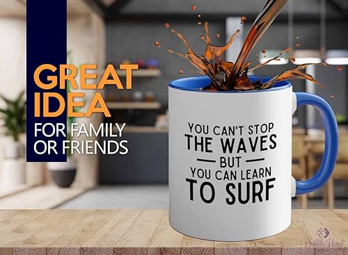 Flairy Land Surfing Two Tone Blue Edition Coffee Mug 11oz - You can learn to surf. - Surfing Enthusiast Gifts Water Sport Surfboard Athletics Hobby