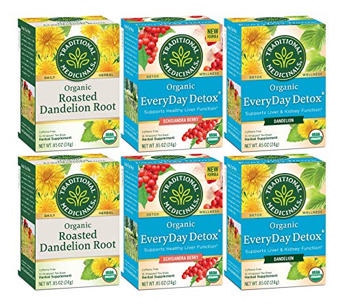Traditional Medicinals Organic Tea Detox Variety Pack - 2 Roasted Dandelion Root Tea, 2 EveryDay Detox Tea with Schisandra Berry, 2 EveryDay Detox Tea with Dandelion - 16 Tea Bags/Box (Pack of 1)
