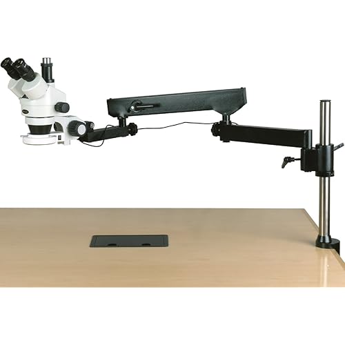 AmScope SM-8T-144S Professional Trinocular Stereo Zoom Microscope, WH10x Eyepieces, 7X-45X Magnification, 0.7X-4.5X Zoom Objective, 144-Bulb LED Ring Light, Articulating-Arm Boom Stand, 110V-240V