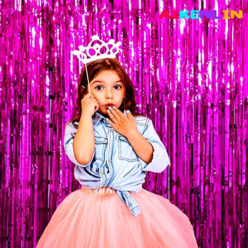 Image of 4 Pack 3.2Ft x 8.2Ft Fuchsia Foil Fringe Curtain Backdrop, Metallic Tinsel Foil Fringe Streamers Curtains Background for Photo Booth, Birthday, Wedding, Halloween, Christmas Party Decoration