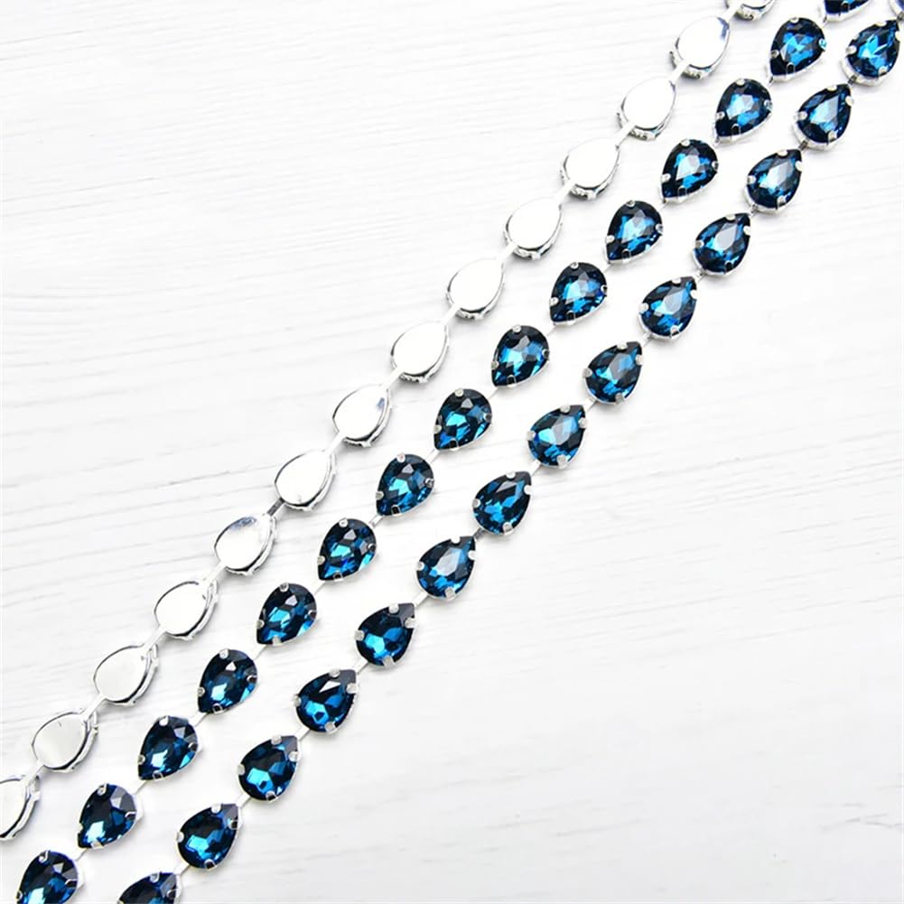 Frędzle z kryształkami, Ozdobne frędzle z kryształu górskiego 10x14 mm Szklany metalowy łańcuszek w kształcie kropli wody przyszyty wielokolorowy 1 jard 50 cm(Blue Zircon,50cm)