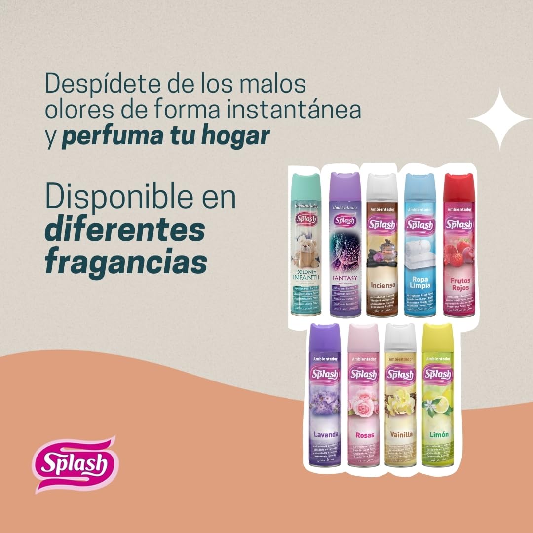 SPLASH | Spray Aromatizador | Ambientador Duradero, Refresca y Elimina Olores | Fragancia Fresca Colonia Infantil | Agitar Antes de Usar | 300 ml