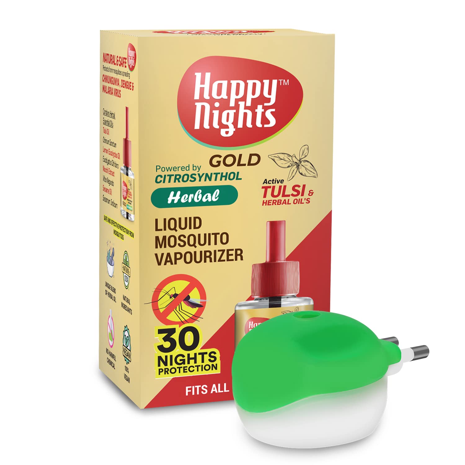 Happy Nights GOLD Tulsi and Herbal Mosquito Repellent | air Freshener Completely herbal-safe for children (Pack of 1 Refill plus 1 machine) (B07XL3HX8G) Amazon Price History, Amazon Price Tracker