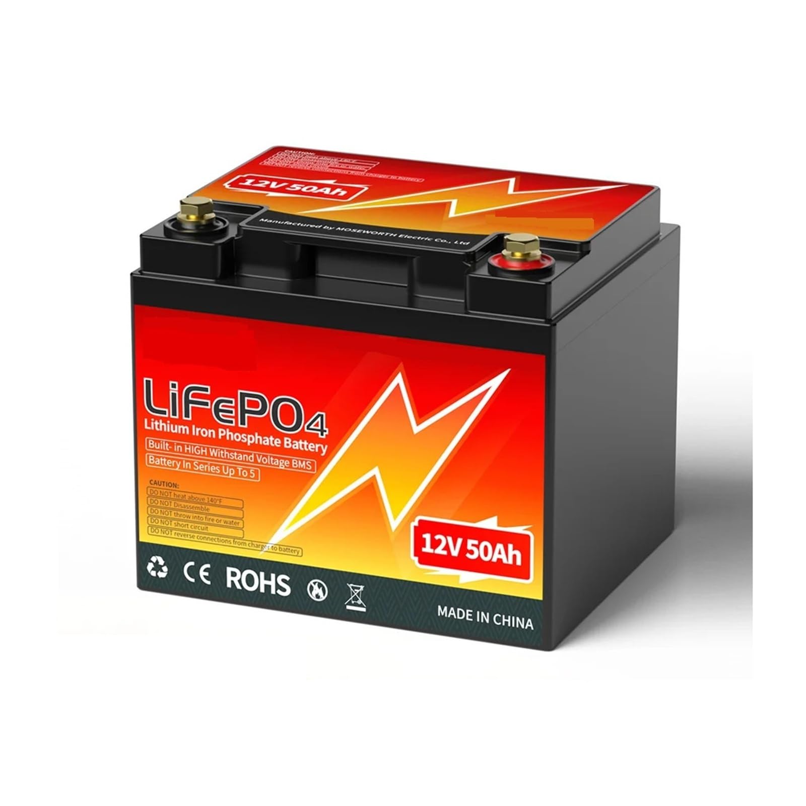 Batería de litio LiFePO4 de 12 V y 50 Ah de ciclo profundo con BMS integrado de 50 A for almacenamiento doméstico, motor de arrastre, autocaravana y sistema solar aislado de la red.