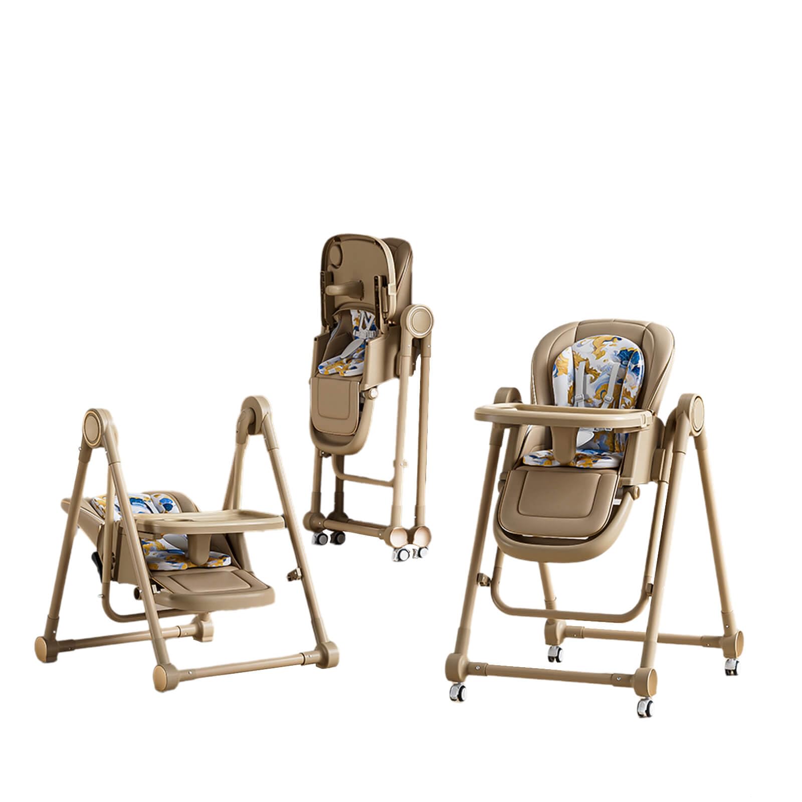 UMGOOGOO - Silla alta multifuncional todo en 1 para bebés, columpio, plegable, con 8 niveles de ajuste de altura, cojín de PU lavable y ecológico, silla de alimentación para bebés, color marrón