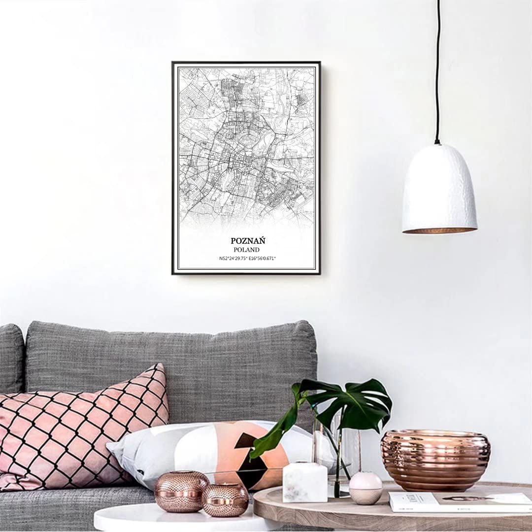 TANOKCRS Mapa Poznania Polska Karta na Ścianę Obraz na Płótnie Druk Plakat Dzieło Sztuki Bez Ramki Nowoczesna Czarno-Biała Mapa Pamiątka Prezent Dekoracja Domu 61x92 cm