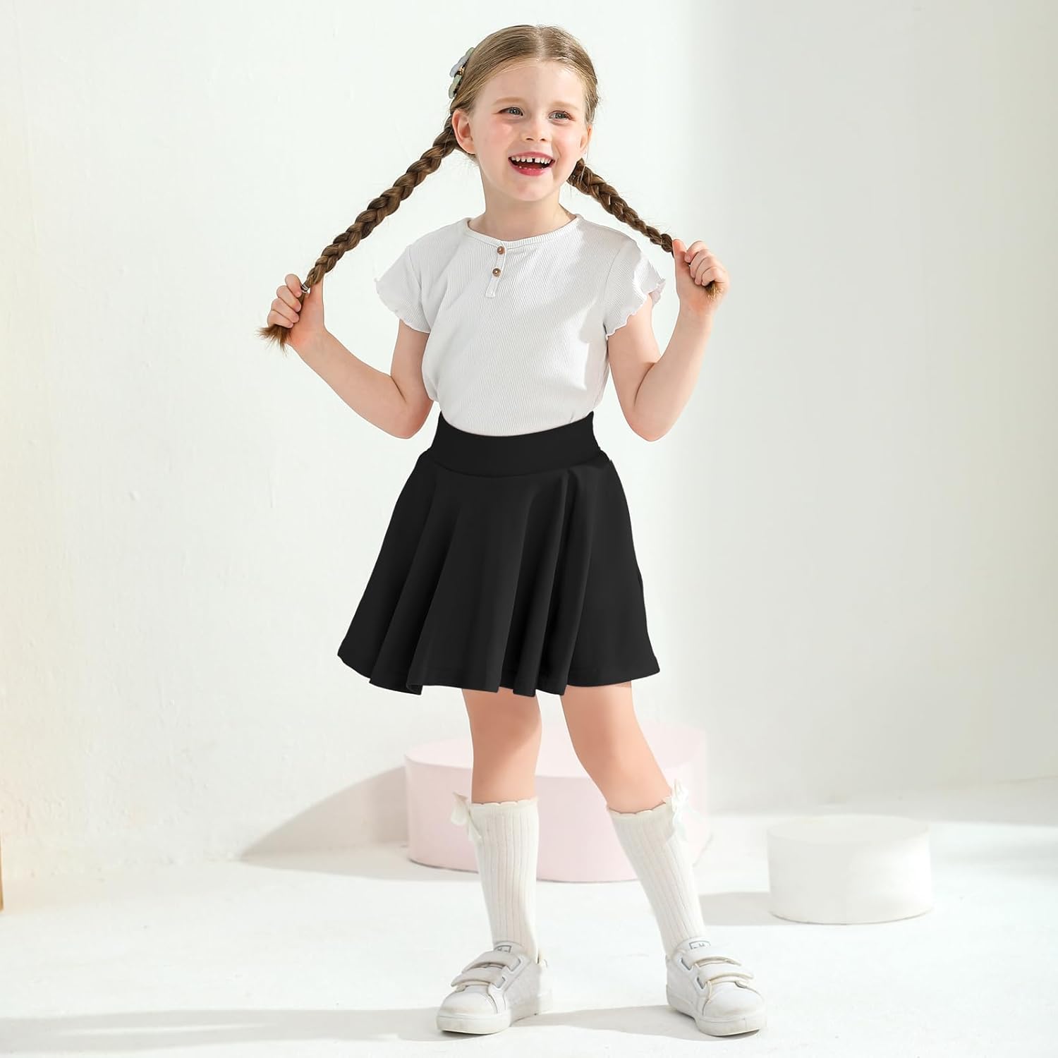 ZUNW Toddler Girls Casual Mini Flared Pleated Skirt Plain Stretch Waist Skater Skirt for Kids Sport Skort, 3-8 Years - Image 3