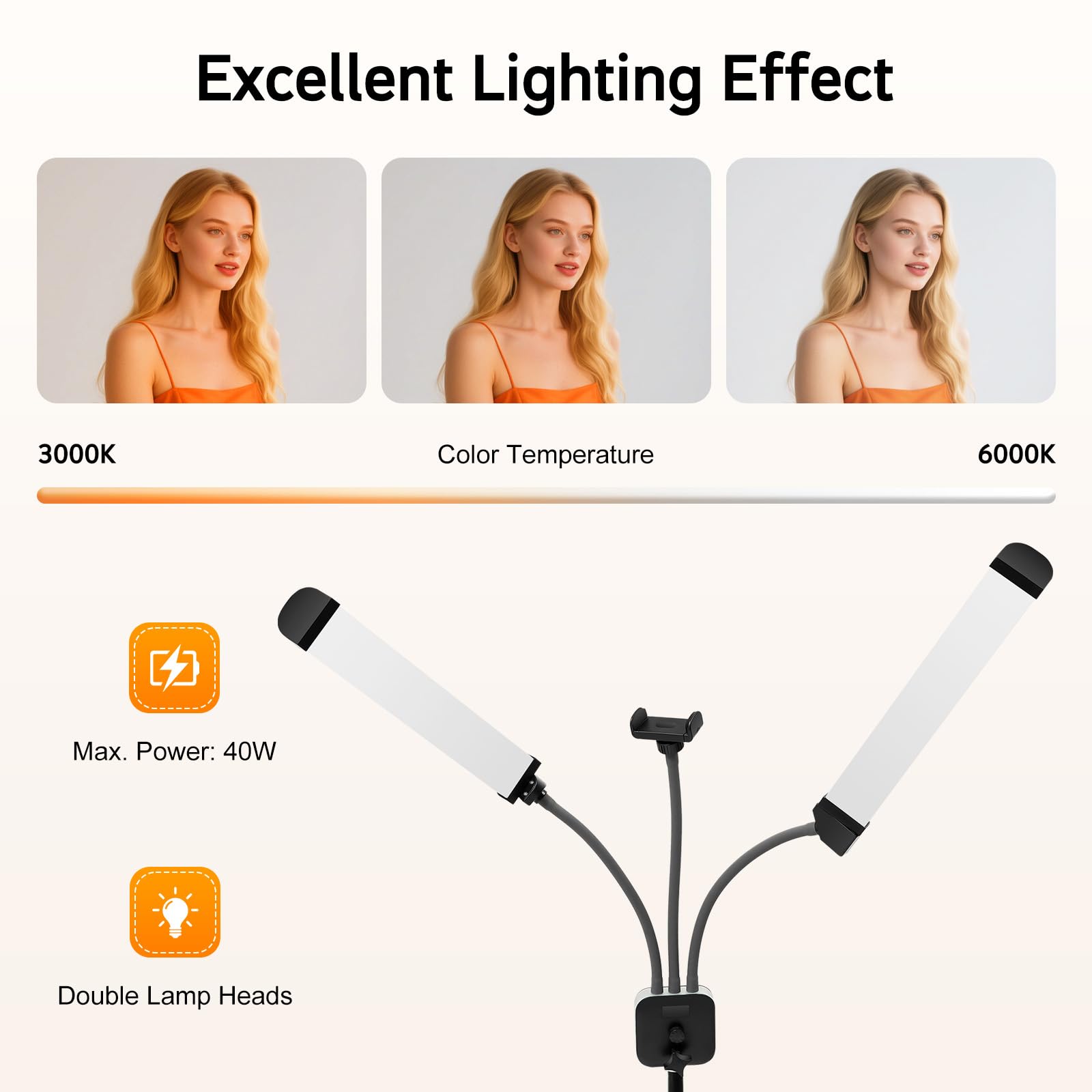 MINRS Lampada a doppio braccio a LED con treppiede e 1 supporto per cellulare, lampada per tatuaggi, luminosità regolabile, testa di luce girevole a 360°, per estensione delle ciglia, tatuaggio,