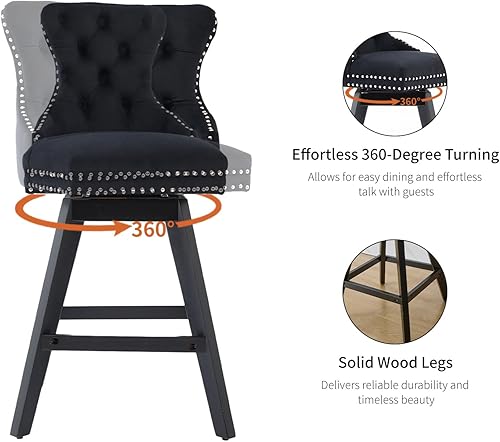 Miniatura 6 de Juego de 2 taburetes de bar giratorios modernos, taburetes de bar negros de 25.9 pulgadas con respaldo para isla de cocina, sillas de isla tapizadas