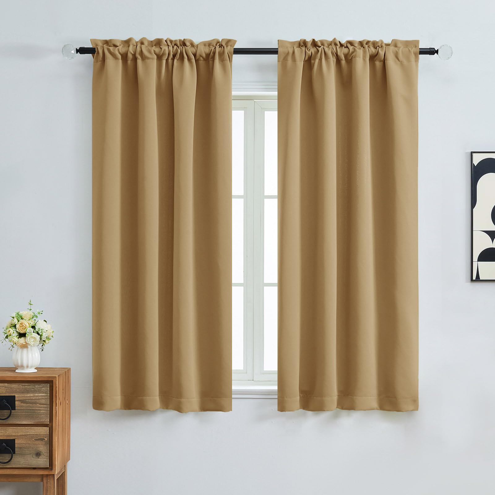 OVZME Gold Blackout Curtains for Bedroom 63 Inch Length 2 Panels, Protect Privacy Thermal Insulated Solid Curtains for Bedroom, Dual Rod Pocket Window Treatment Blackout Drapes, 2x40Wx63L Inches