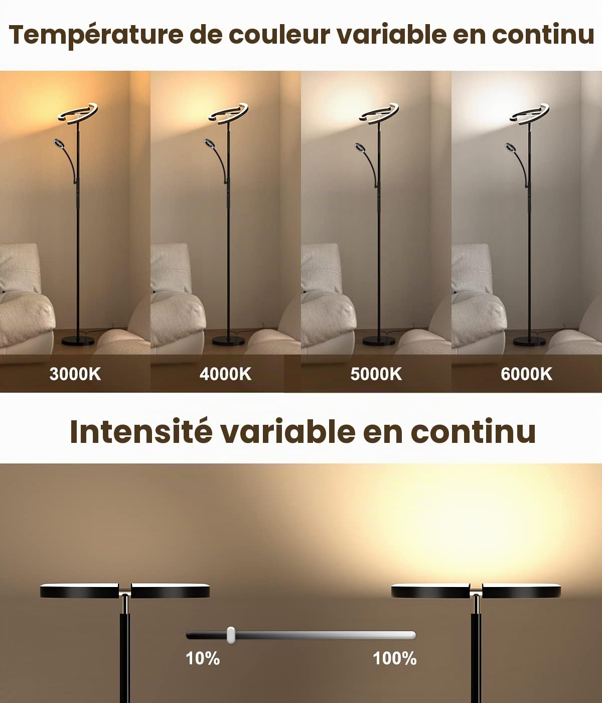 ANTENLICHT Lampadaire sur Pied LED Dimmable KAKA | Noir 20W avec Lampe de Lecture moderne flexible de 7 W | avec Télécommande 1500 lm - 4 Températures de couleur pour Salon, Chambre