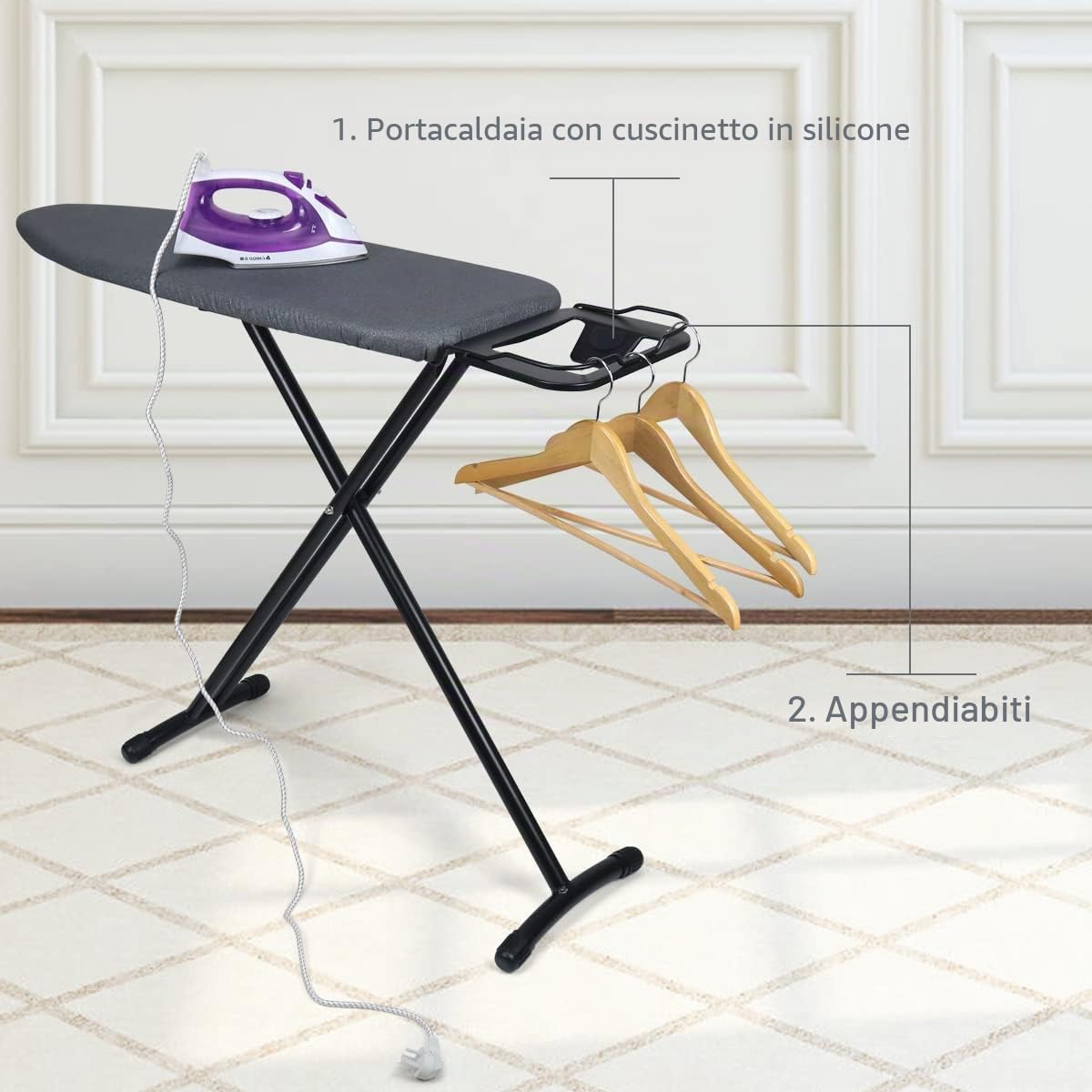 Duwee Asse da Stiro Compatta con Copertura Resistente al Calo, Asse da Stiro Pieghevole con Appoggio per Ferro, Altezza Regolabile, Gambe Robuste, Nero, 33 x 96 cm