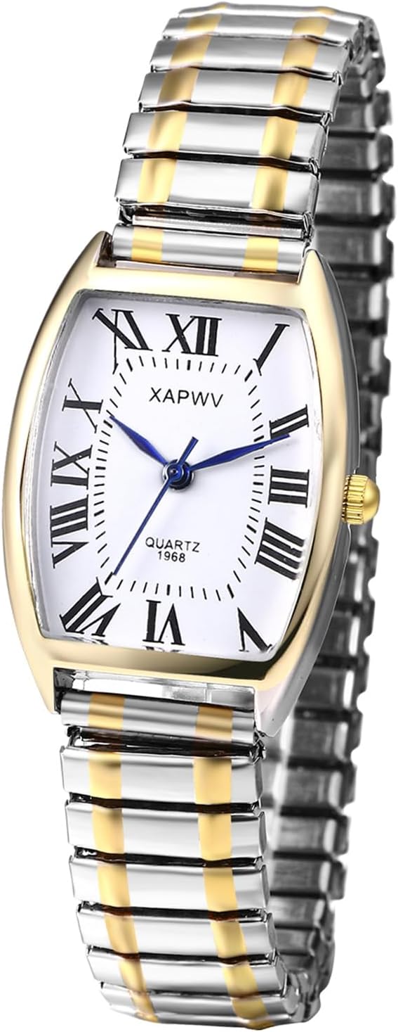 JewelryWe Women's Big Dial Easy Reader Watch Gold/Silver Tone Elastic Stretch Band Wristwatch for Valentine's Day
