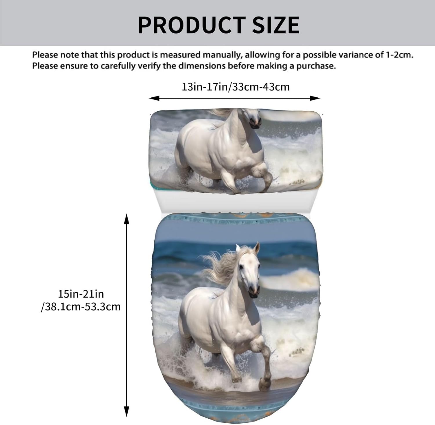2 Pcs Toilet Lid Cover and Toilet Tank Lid Cover, Washable Toilet Cover with Elastic Bottom Replacement Soft Stretch Toilet Seat Cover Set White horse running on the sea Bathroom Decor