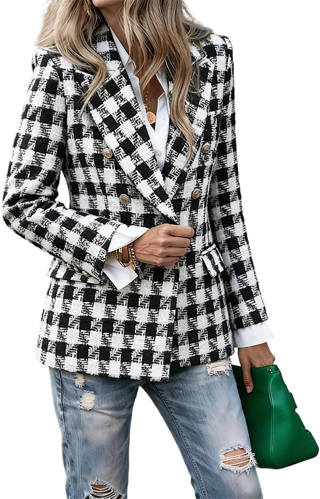 Women's Tweed Blazers 2026 Business Casual Long Sleeve Notch Collar Double Breasted Fully Lined Suit Jackets