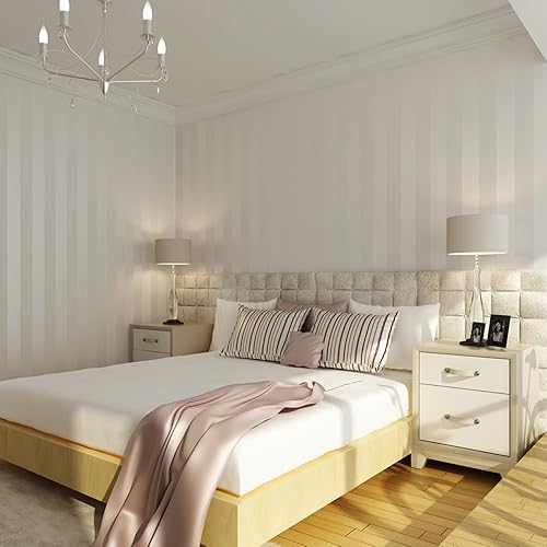 Miniatura 3 de QIHANG - Rollo de papel pintado con diseño de rayas, de lujo, para sala o habitación, para pared, color crema y blanco.