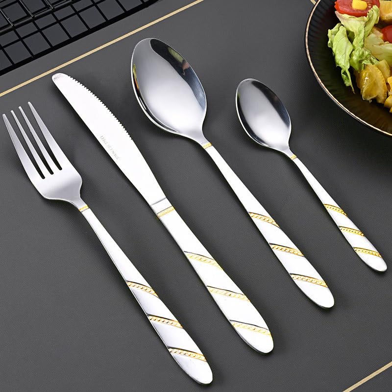 ONUIFIKE Silverware Set, 4/16/24/32/40/48 Pieces Stainless Steel Knife And Fork Spoon Embossed Retro Spoon Fork Steak Knife And Fork Set Tableware, Home Cutlery Flatware Set(Gold,48 Piece set for 12)