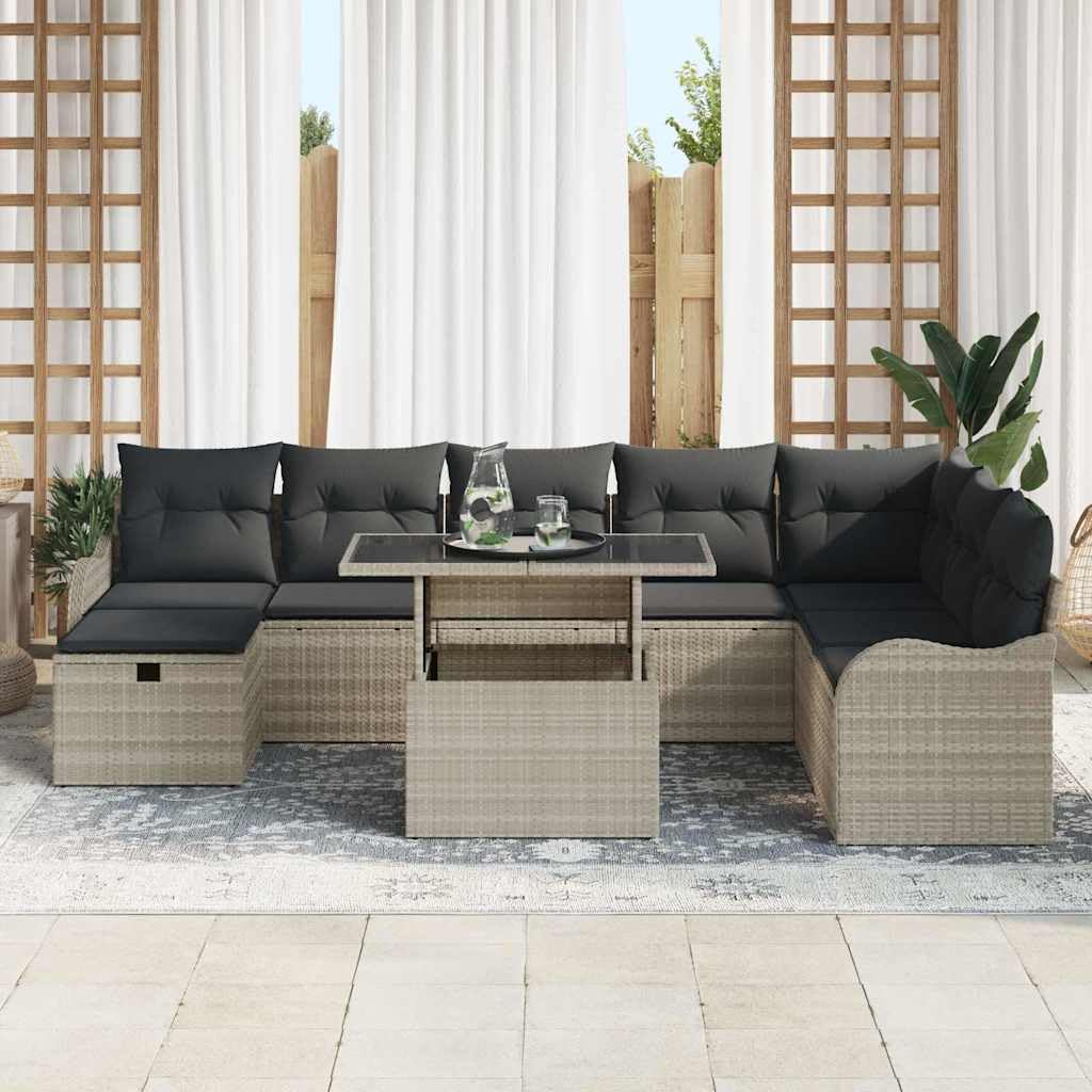 Modułowa sofa z polirattanu, 9-częściowy, jasnoszary, z poduszkami, do ogrodu lub na balkon, składający się z sof pod ręką, środkowych siedzeń, narożników, podnóżków i stołu szklanego o