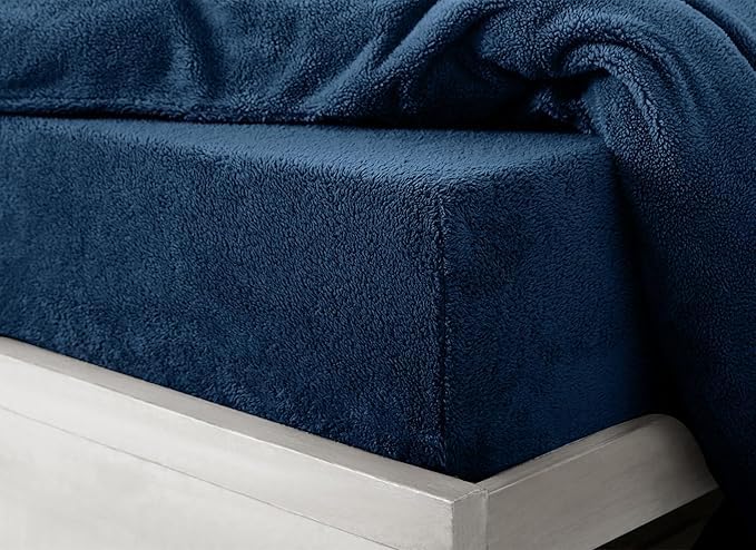 Luxury Teddy Fleece Fitted Sheet Ultra Soft & Cosy Winter Bedding Single, Double, King & Super King (Navy King)