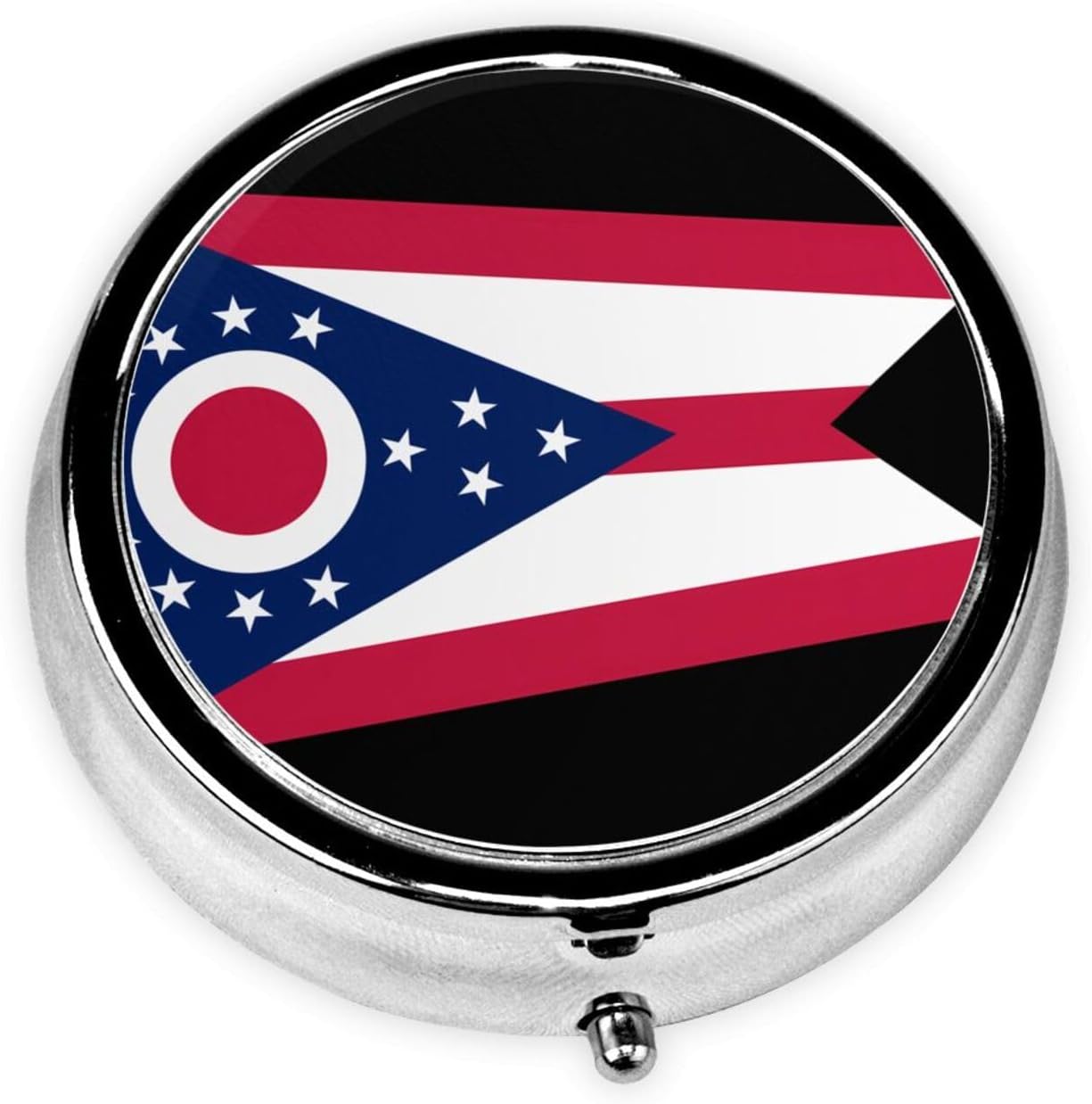 Ohio State Flag Round Pill Box – Portable Medicine Storage Container for Vitamins, Supplements, Fish Oil, etc.