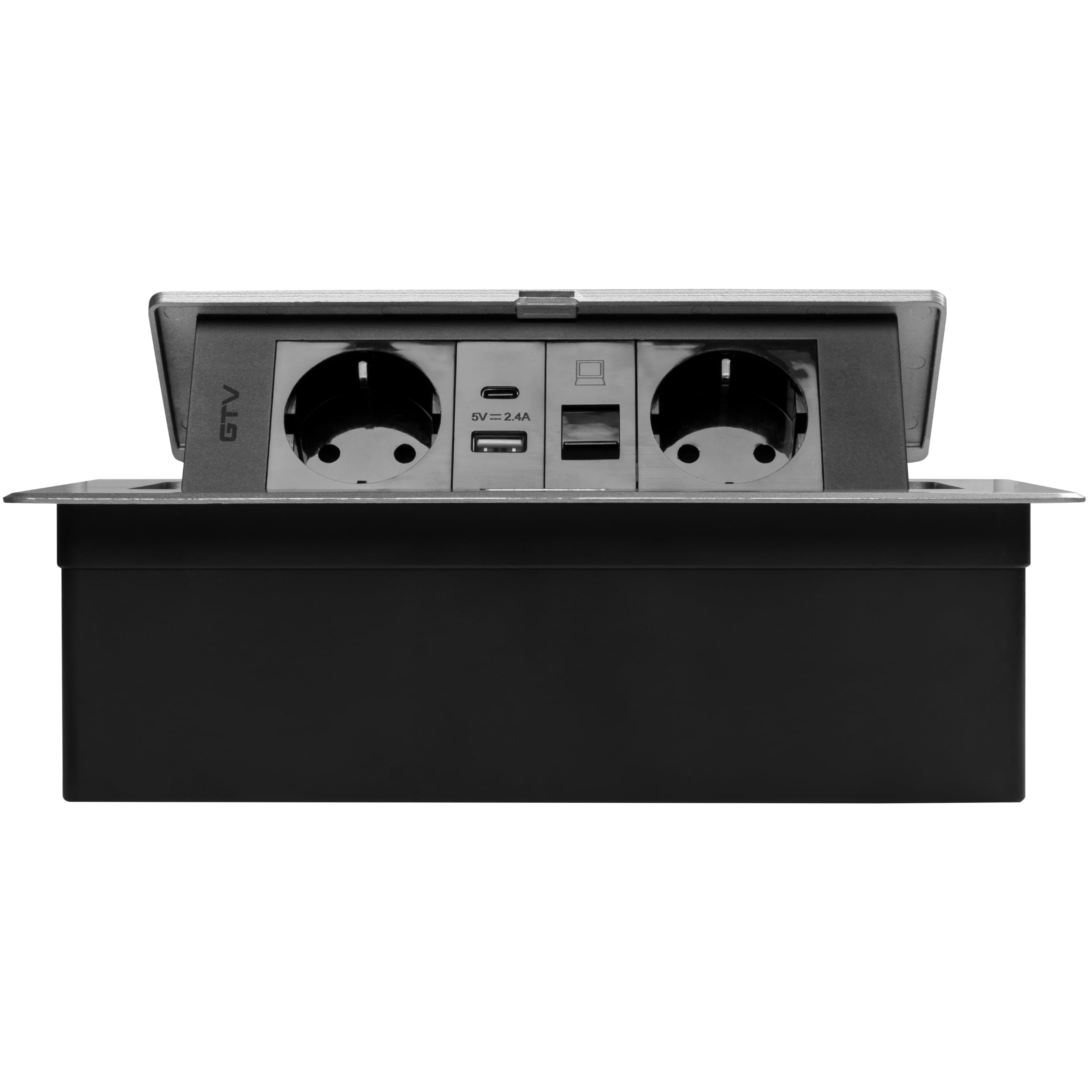 GTV – Presa da incasso MULTISOFT alluminio con 2 x Schuko, USB A+C, RJ45, retrattile con copertura, cavo da 1,5 m, ideale per scrivania, tavolo da conferenza o piano di lavoro della cucina