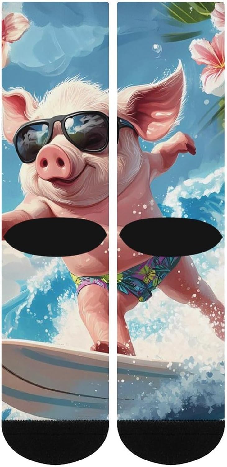 Pigs Surfing Knee High Socks Athletic Long Stockings Sport Casual Crew Tube Sock Boot