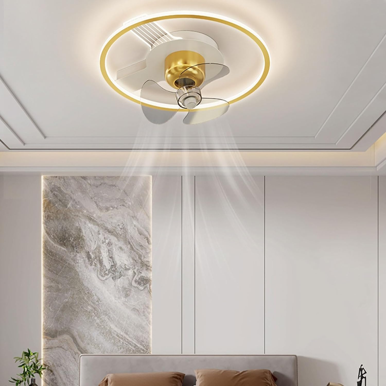 Modern Golden Round Ceiling Fan Light with Remote Control 3 Colors 6 Speeds Dimmable Ceiling Fans Lamp Bladeless Low Profile Ceiling Fan for Bedroom Living Room Hotel Restaurant