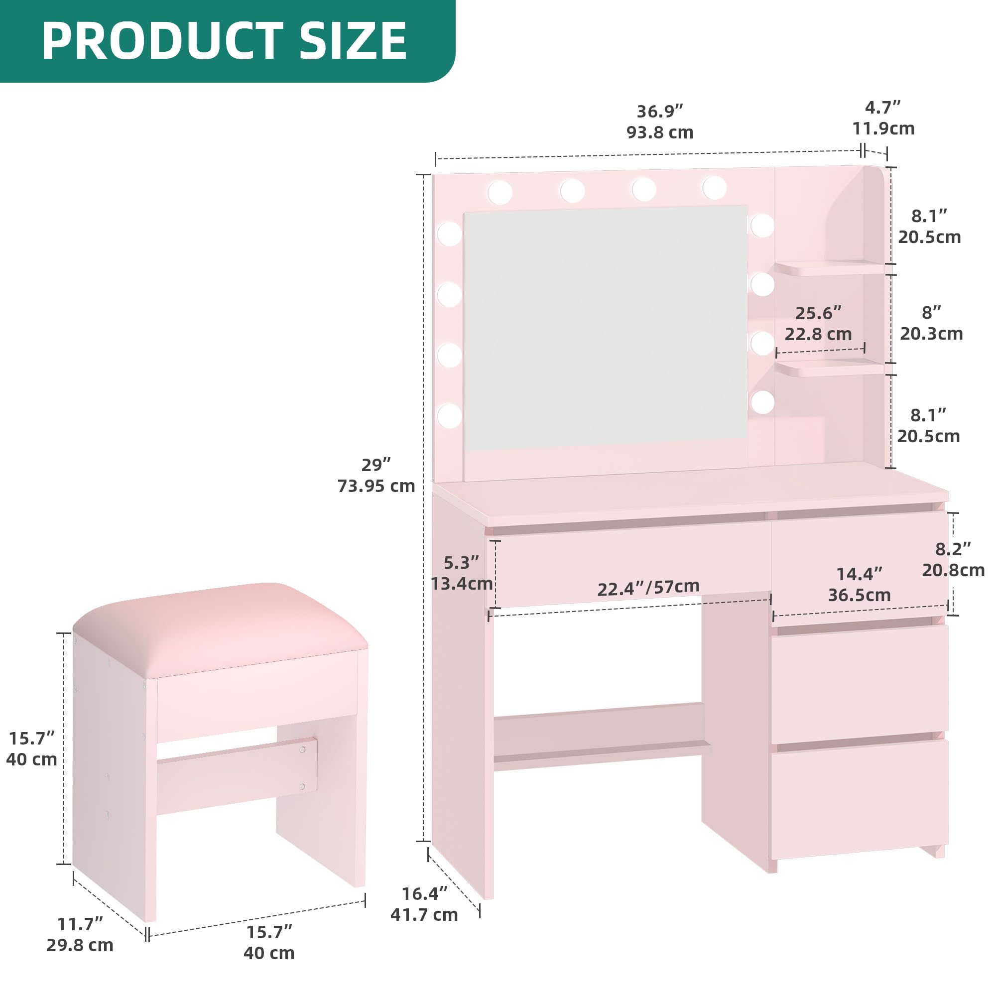 YITAHOME Schminktisch mit Beleuchtung, Dressing Table mit Spiegel Schminktische mit Hocker 3 Farben mit Einstellbarer Helligkeit, Frisiertisch mit 4 Schubladen Offenen Fächern Vanity Table Rosa