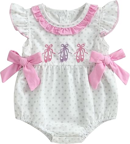 Infant Baby Girl Summer Outfits Ballet Shoes Bow Short Sleeve Romper Smocked Bodysuit Bubble Clothes