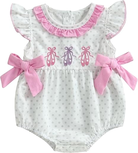 Infant Baby Girl Summer Outfits Ballet Shoes Bow Short Sleeve Romper Smocked Bodysuit Bubble Clothes