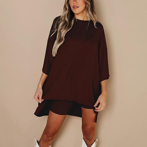 Miniatura 4 de HUANKD Women's Comfy Sets Sleeves Drop Shoulder Big Kids Top And Bar Skinny Yoga Biker Shorts Set Piece Outfits, S-2XL