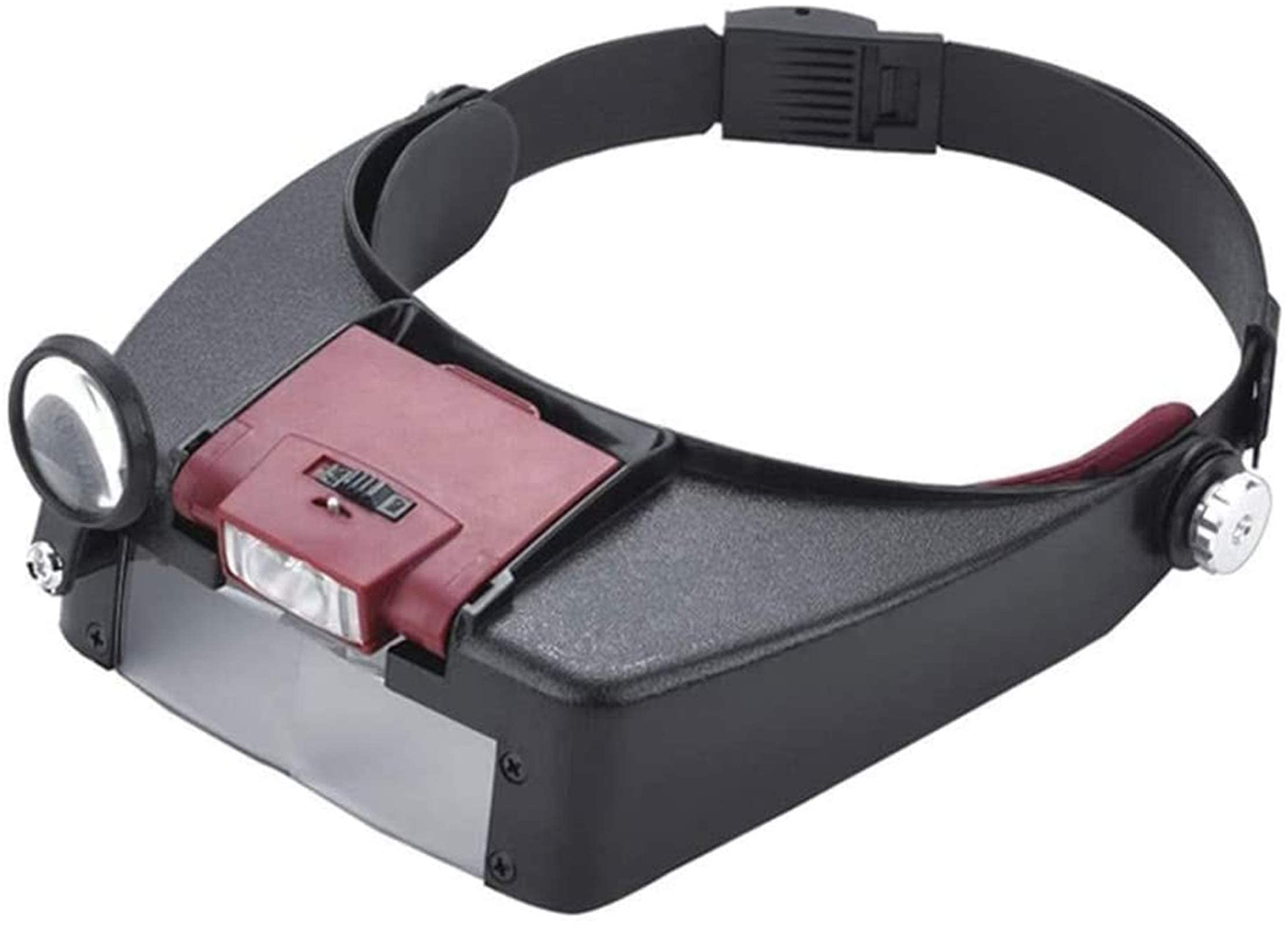 asdchZen Headband Magnifier,Head Mountlighted Magnifying Glasses,Adjustable Jewelers Head Headband Lamp Magnifier Illuminated Magnifying Eye Glasses Lens Loupe 2 Light Visor For Readin,Red-A