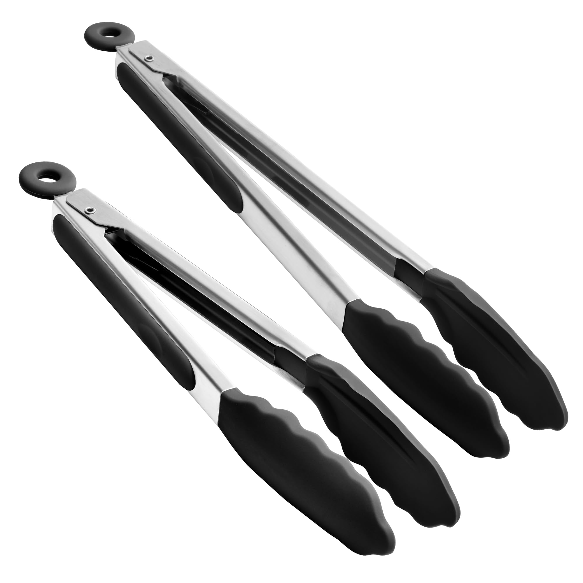 Doosu Kitchen Cooking Silicone Tongs，315℃ Heat Resistant Locking Tong with Non-Scratch Tipped, 18/8 Stainless Steel Heavy Duty Utensils for BBQ, Air Fryer, Serving Salad (23+30cm, Black)
