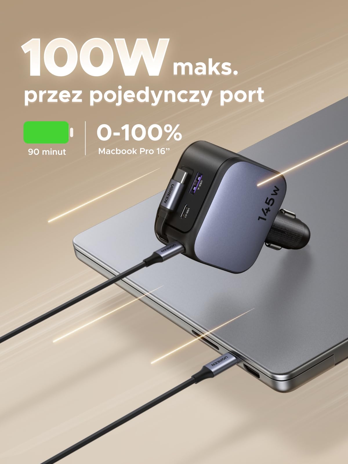UGREEN Zapalniczka 145W Chowana szybka ładowarka samochodowa 100W Zintegrowany kabel USB-C Akcesoria samochodowe 4 w 1 Adapter szybkiego ładowania do iPhone 17/16/Macbook/iPad/Galaxy S25/GPS itp.
