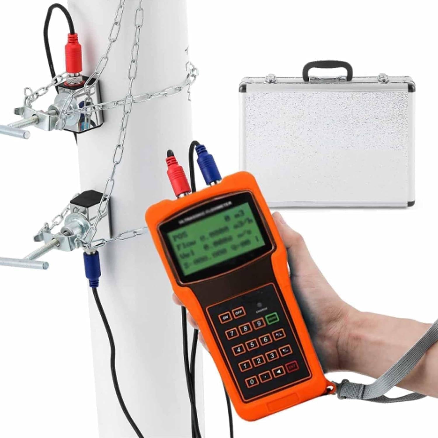 Medidor de flujo ultrasónico con abrazadera, medidor de flujo de agua digital de mano, sin contacto, para tuberías, registro de 2000 filas, funcionamiento de más de 12 horas, precisión ± 1%, uso