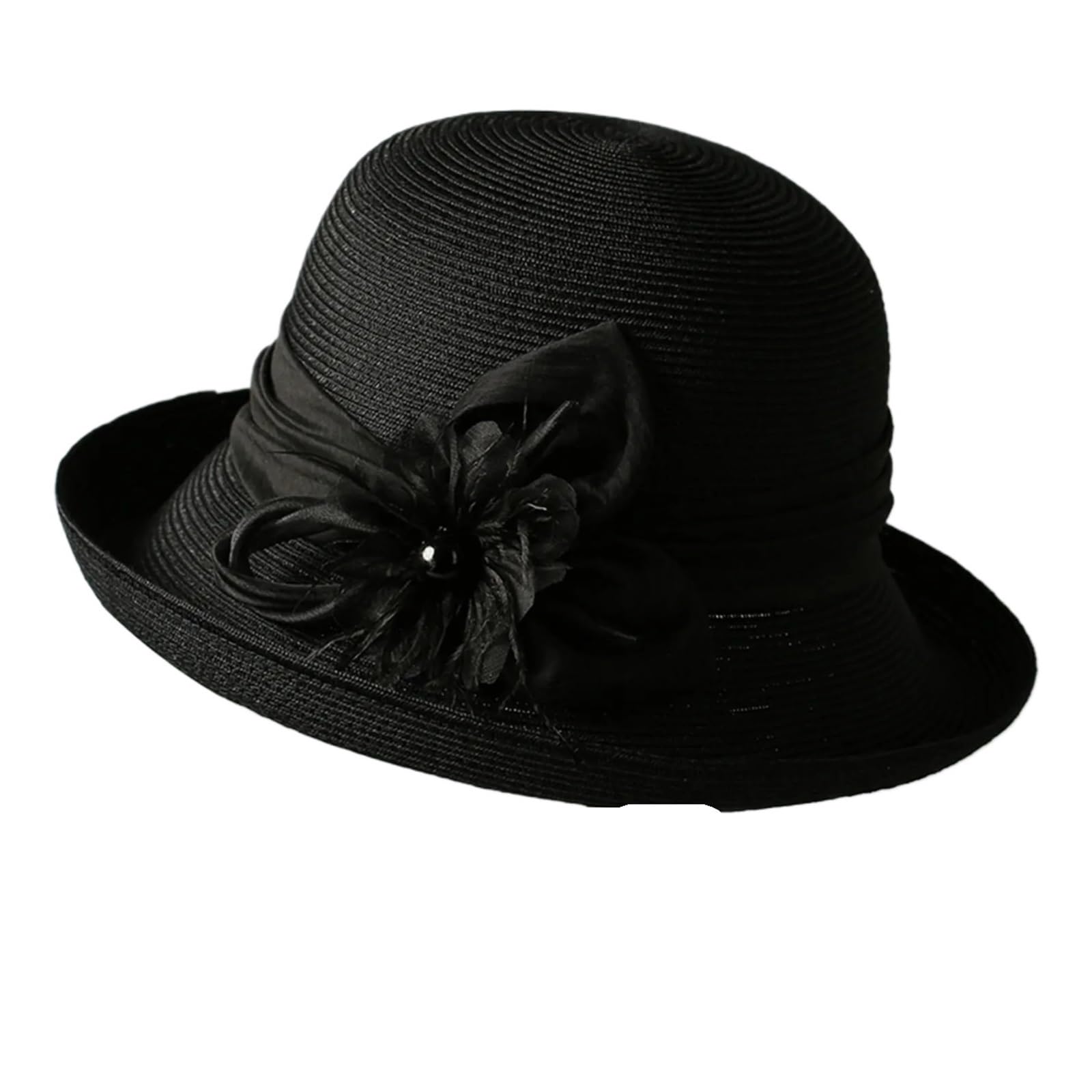 Generico Cappello da spiaggia for protezione solare intrecciato a mano for le vacanze, decorazione in seta e lino, visiera parasole con fiori di paglia