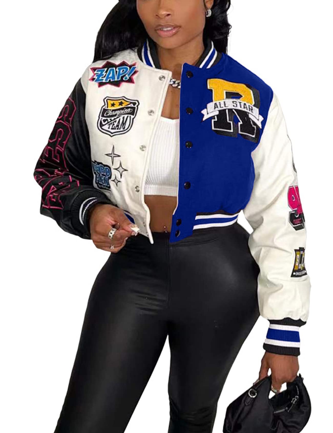 Perbai Women's Cropped Varsity Jacket Colorblock Letter Print Button Down Letterman Bomber Coat with Pockets Y2K Streetwear