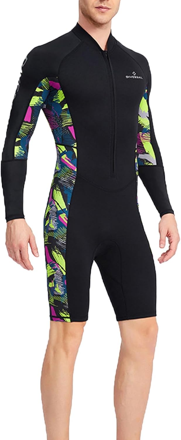 Cambkatl Men's Zip Front Long Sleeve Rash Guard Tropical One Piece Sun Protection Swimning Shorts Surfing Suit