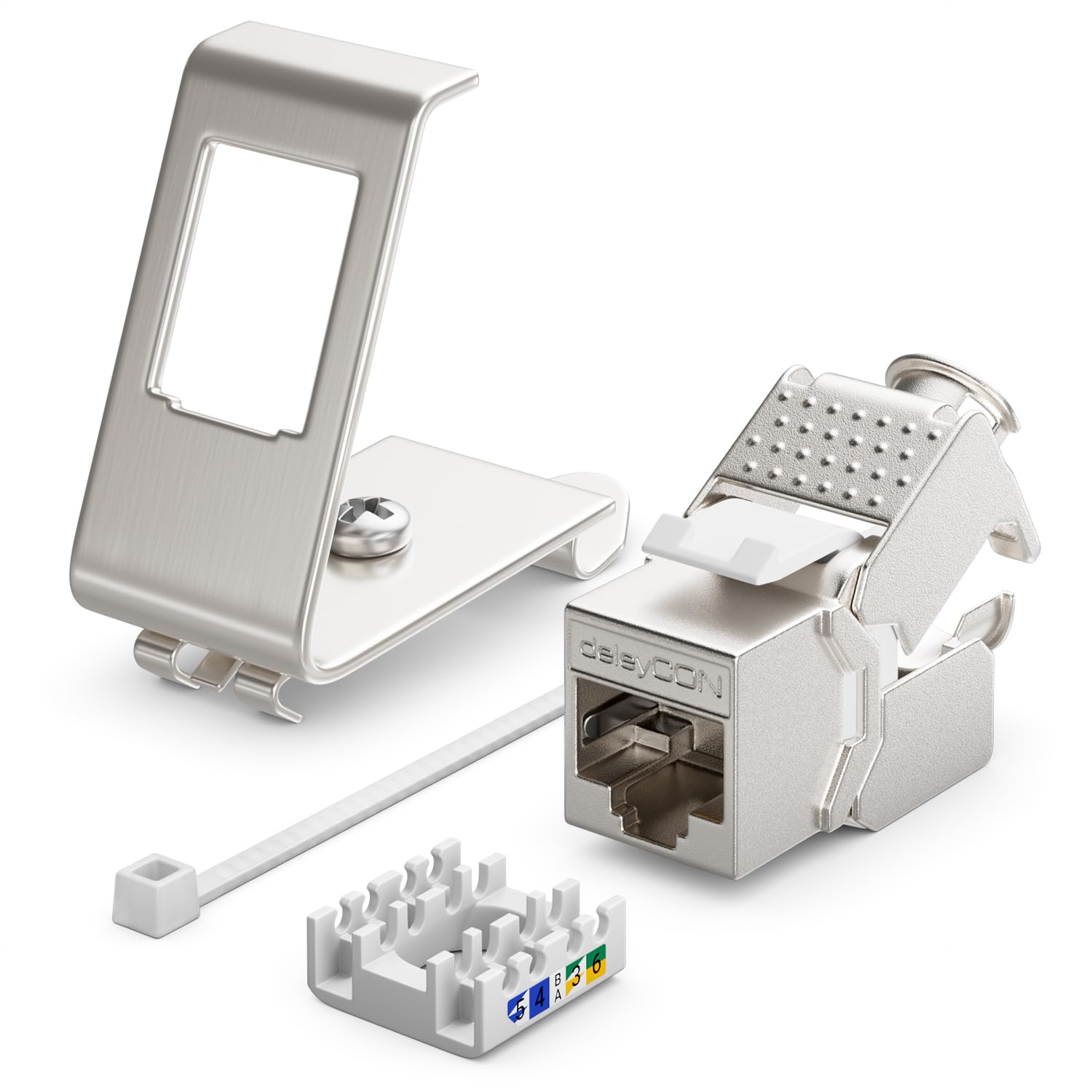 deleyCON 8x CAT6a Keystone Jack Module Avec 8x 1-Port Adaptateur Pour Profilé Chapeau Comme Set Métal STP Blindage RJ45 Femelle 10 Gbit/s Réseau Montage Snap-In Pour Profilés Chapeau 35mm
