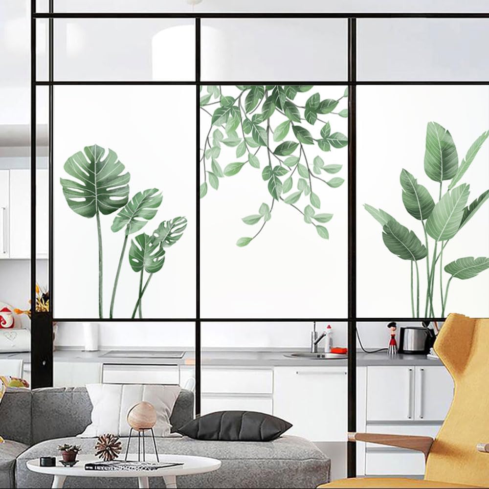 Pellicola Per Finestre Decorativa Con Foglie Tropicali – Effetto Satinato, Controllo Del Calore E UV, 75x190 Cm, Antisfondamento