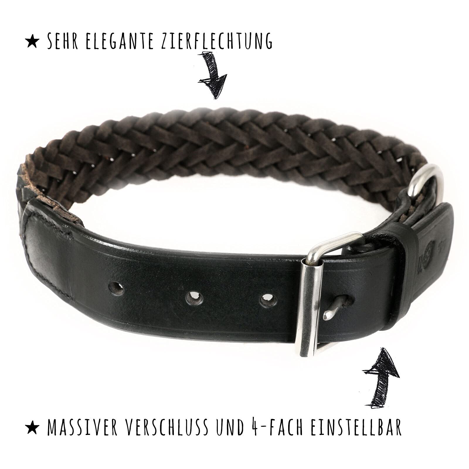 Monkimau Hundehalsband - Halsband für Hunde schwarz echt Leder geflochten verstellbar (30mm x 60cm)