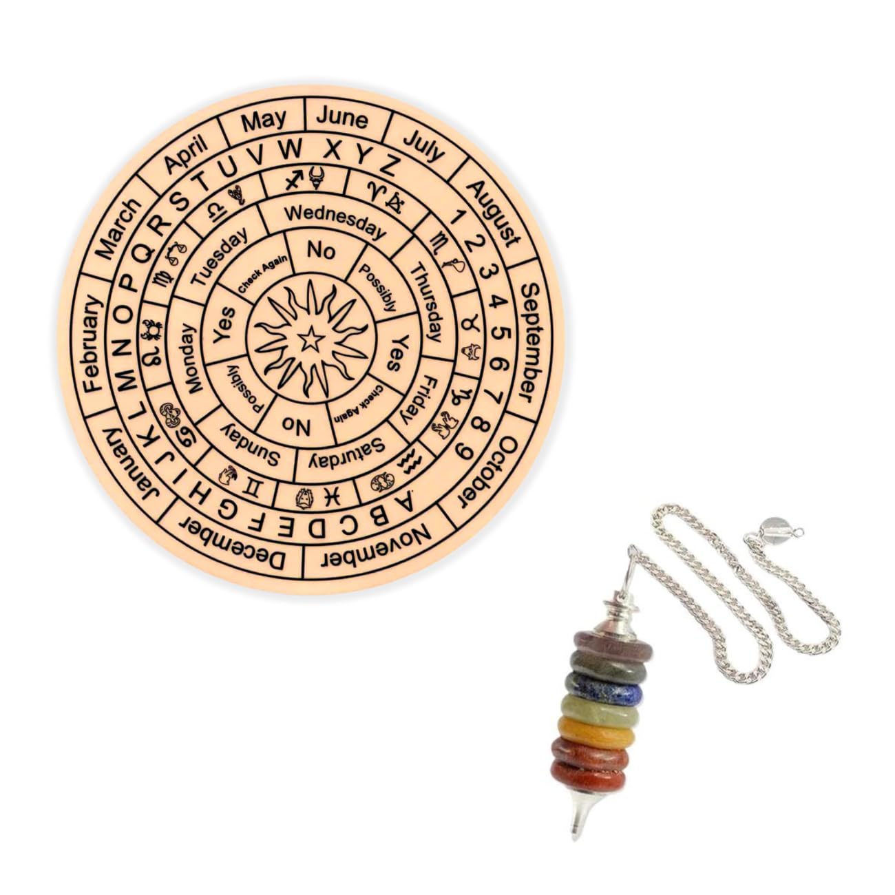 Acrylic Brown Dowsing Board 6 Inch with Crystal Seven Chakra Pendulum | Metaphysical Message Board for Witchcraft | Pendulum Dowsing Board | Witch Board