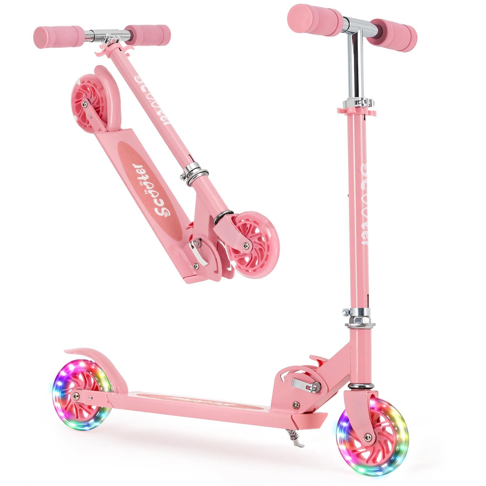 Lightweight and Foldable Children's Scooter with RGB LED Wheels – Adjustable Handlebar and Non-Slip Platform – for Boys and Girls from 2 to 8 Years, Pink