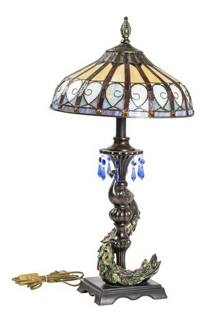 Lampada stile Tiffany da tavolo con pavone